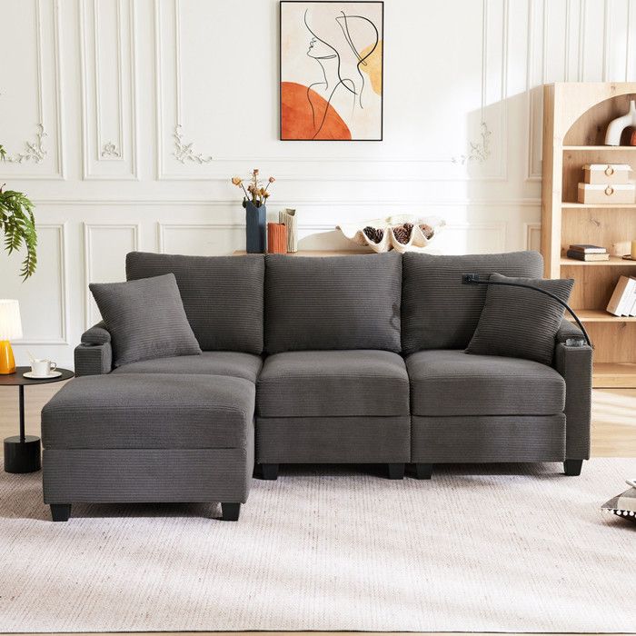 Canapé dangle 4 places Canapé fixe avec repose-pieds porte-gobelet chargeur USB coussins Velours côtelé，Gris foncé 213 5x139x87cm