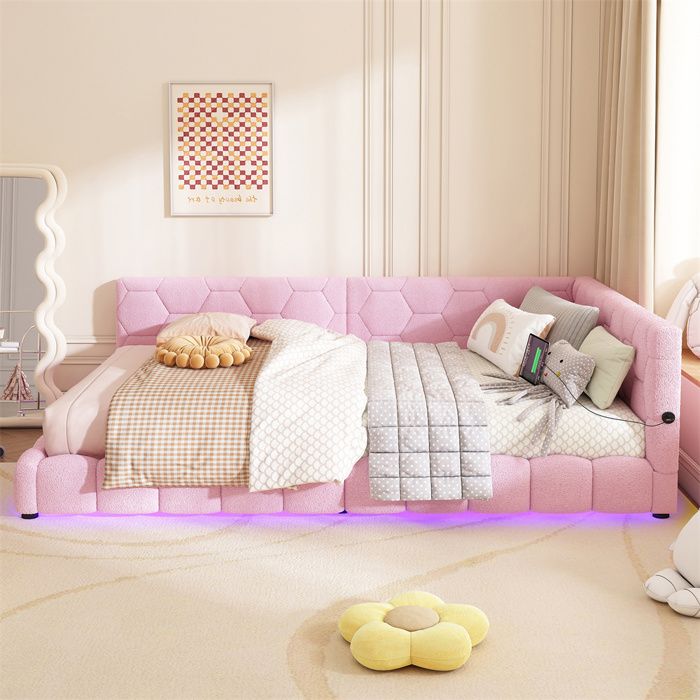 Canapé‑lit - 140x200 cm - Sommier à lattes - Lumière dambiance 16 couleurs - USB/Type‑C