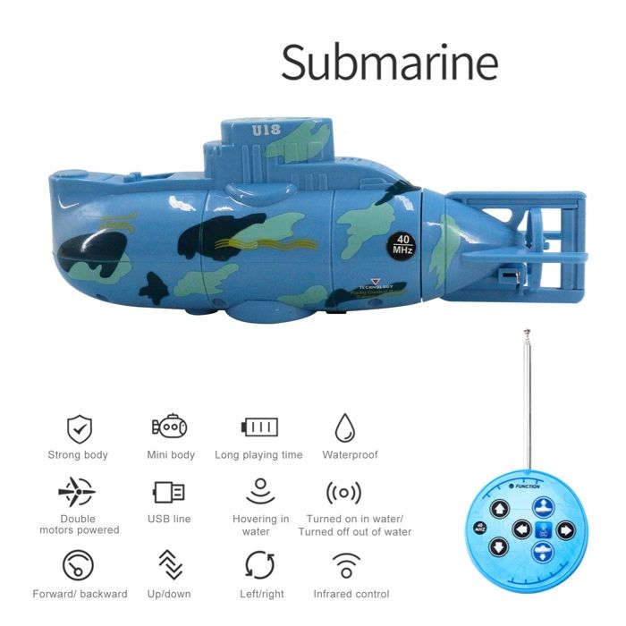 TiSkying – Mini Sous-marin Radiocommandé 6 Canaux, Plongeon, Rechargeable USB, Pour Piscine/bain, Bleu/blanc
