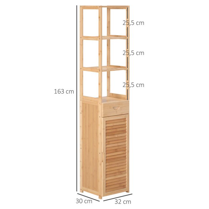 kleankin Armoire de salle de bain armoire de salle de bain en bambou meuble de salle de bain avec tiroir trois étagères