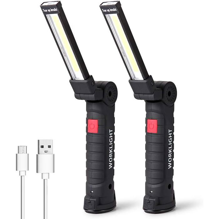 Lampe de Travail LED Lampe Torche Baladeuse LED Lampe Atelier LED Rechargeable Lampe de Poche Base Magnétique 2 Pièces