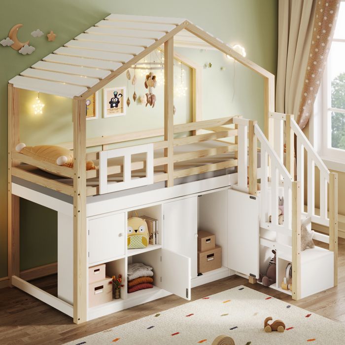 Lit superposé maison 90 x 200 cm avec fenêtre et toit lit mezzanine avec escalier de rangement et plusieurs armoires de rangement