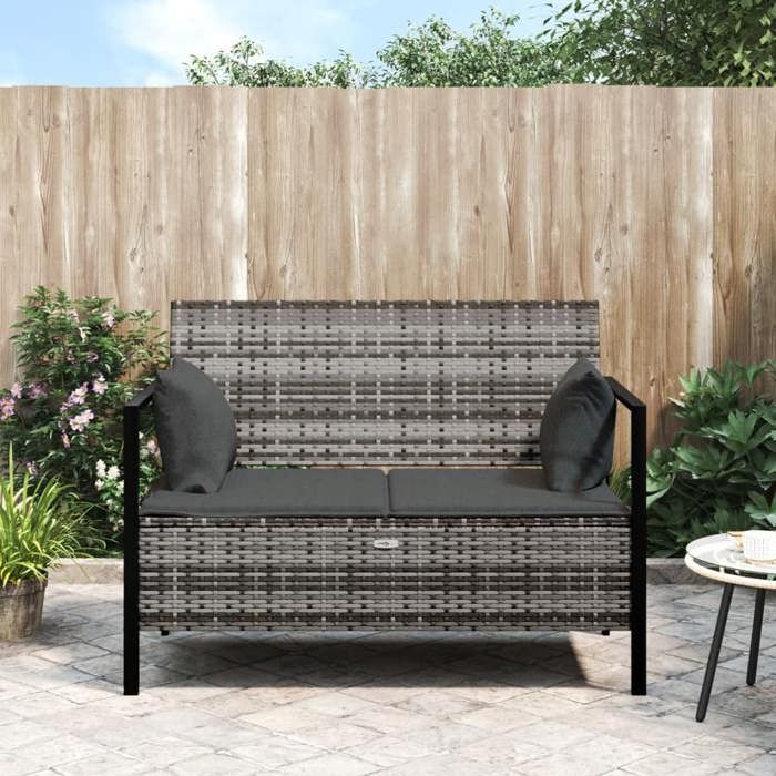 Banc de jardin 2 places - vidaXL - Résine tressée - Gris - 112x59x825 cm - Compartiment de rangement - Coussins inclus