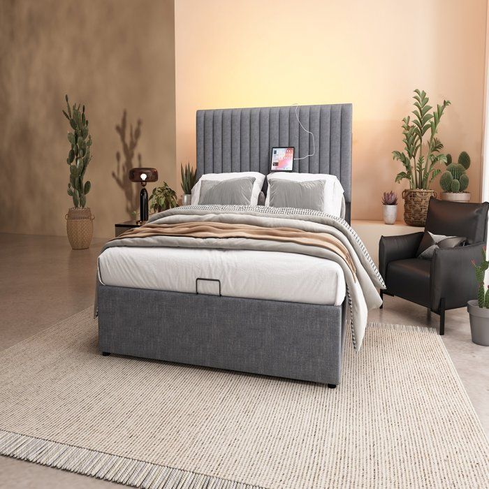 Lit coffre 160x200 cm en lin gris tête de lit LED contrôlable par app ports USB et Type‑C (avec matelas)