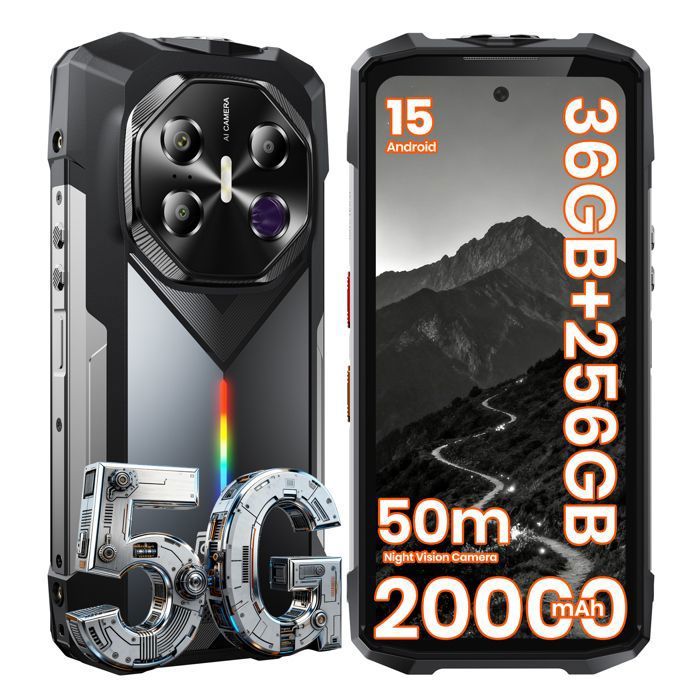 FOSSiBOT F113 5G Smartphone Robuste Android 15 - 20000mAh - 6.78 120Hz - 36Go+256Go - 64MP - 110dB Haut-Parleur - NFC GPS - Gris