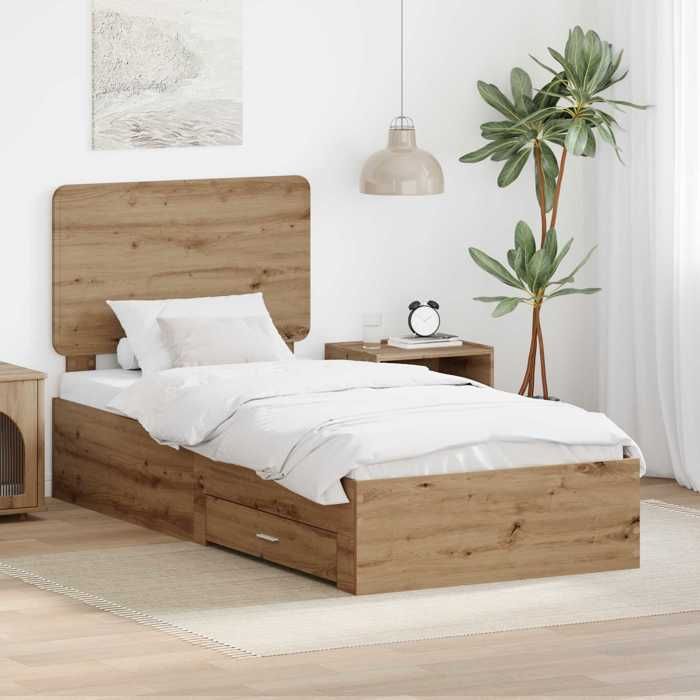 Structure de lit en bois dingénierie - UU - Chêne artisanal - 90x190 cm - 193x93x100 cm - Cadre à lattes