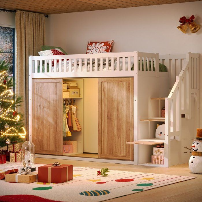 Lit mezzanine 90x200 cm EVRYAE - avec armoire et escalier de rangement sans matelas - Bois massif - Blanc et chêne