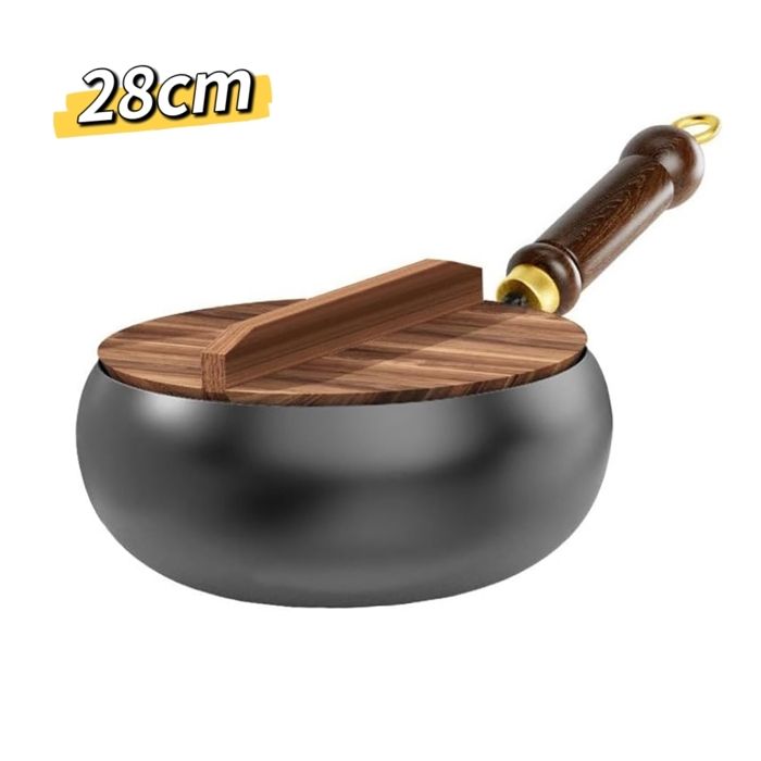 Wok en fonte Avec couvercle en bois - Wok en fonte non revêtu - Wok domestique en fonte - Compatible plaques à gaz à induction-28cm