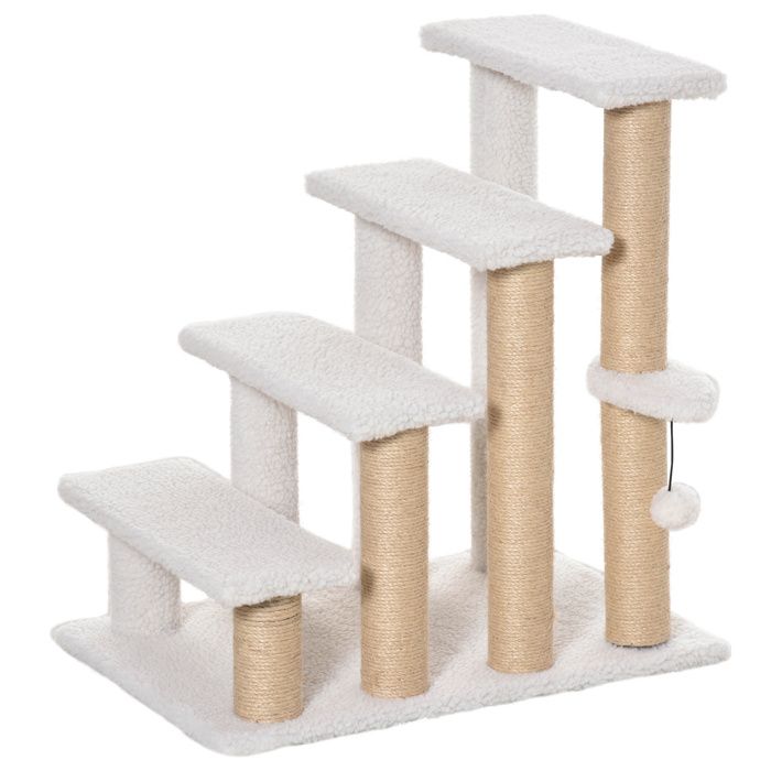Escalier 2-en-1 pour Animaux – Blanc – 4 Marches + Griffoir Jute – Balle – Pour Chats/Chiens âgés – 60x40x64 cm