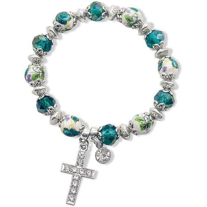 Nazareth Store Bracelet Croix Chrétienne Perles Verre Cristal Vert Fait Main avec Fleurs en Céramique Bijou Religieux Femme Homme