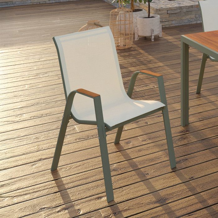 IDMARKET Lot de 6 chaises de jardin NOUMEA métal et textilène empilables vert et bois IDMARKET Lot de 6 chaises de jardin NOUMEA métal et textilène empilables vert et bois