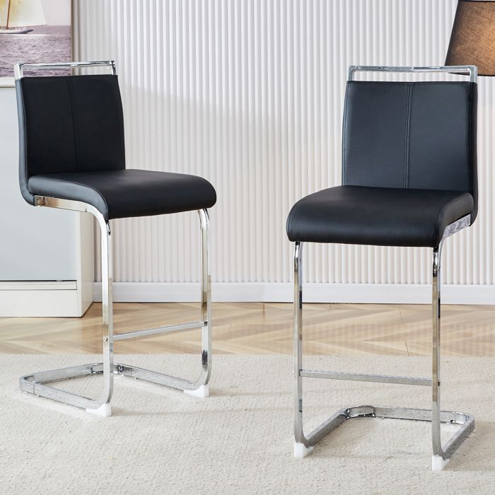 BELLEMAVE Lot de 2 Tabourets de bar - Chaise de cuisine - Cuir PU - Pieds en métal - Pour plusieurs occasions - Noir et Argent