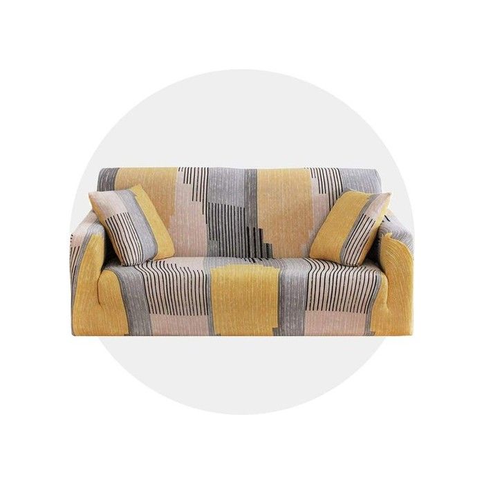 Housse de canapé extensible - 4 places - Géométrie jaune - 85% polyester - 15% élasthanne - Dimensions 235-300 cm