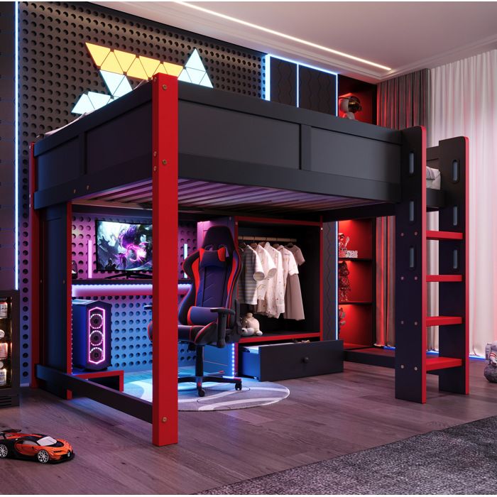 Lit mezzanine noir et rouge 140 × 200 avec LED bureau et rangement sans matelas