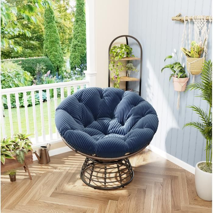 Fauteuil - Chaise Papasan Confortable avec Coussin - Intérieur et Extérieur - Mobilier de Jardin Terrasse Balcon Salon Bleu