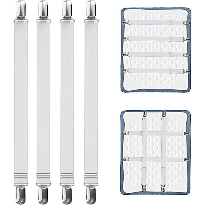 Lot de 4 tendeurs de drap de lit réglables de 55 à 250 cm - Tendeur de drap élastique avec clips en métal - Blanc- 4 bl DRAP HOUSSE