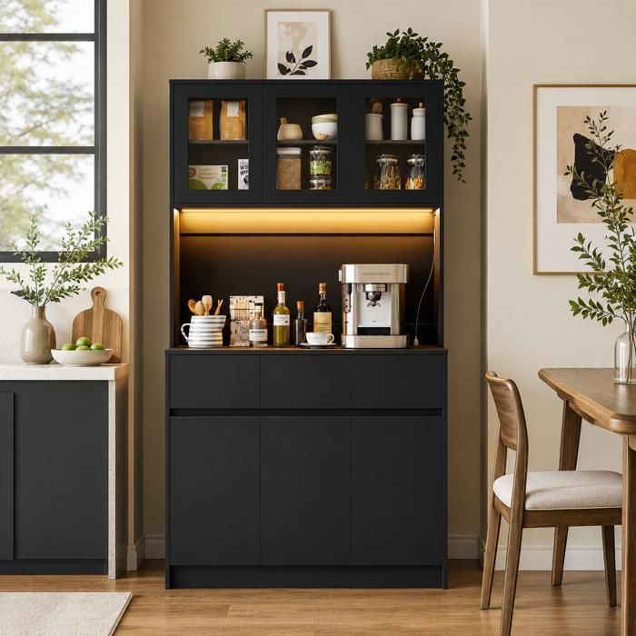 Buffet de Cuisine - AKABER - Avec 6 portes et 3 tiroirs - 178x40x98cm - Avec LED Prises et USB - Pour CuisineSalle à manger - Noir