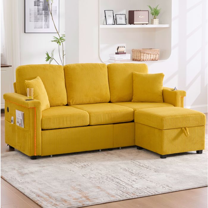 MEUVYX Canapé dangle modulable 4 Places avec LED et USB-C Pouf coffre en Velours côtelé Jaune moutarde