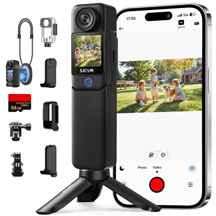 Caméra Sport & Vlog SJCAM C300 4K Étanche Double Écran Tactile Stabilisation 6 Axes Haute Autonomie Noir + MicroSD 64Go