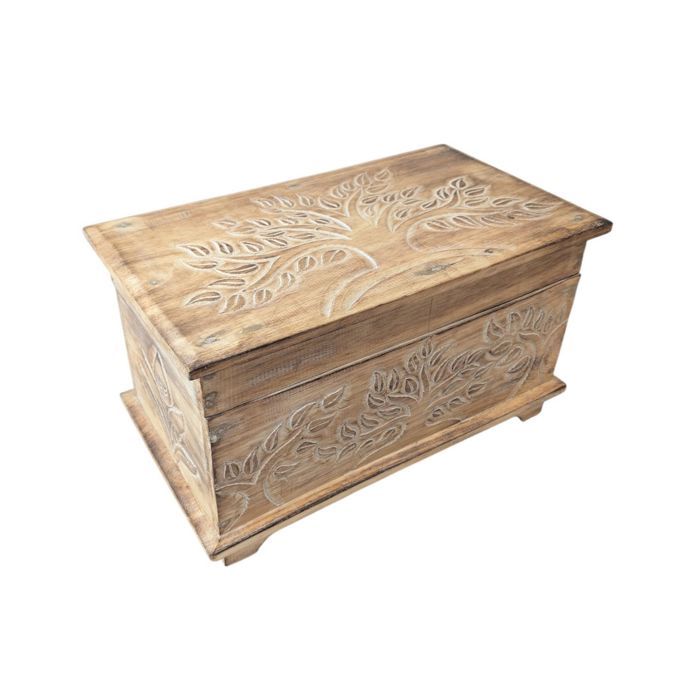 Coffre de Rangement en Bois Sculpté Main Motif Arbre de vie