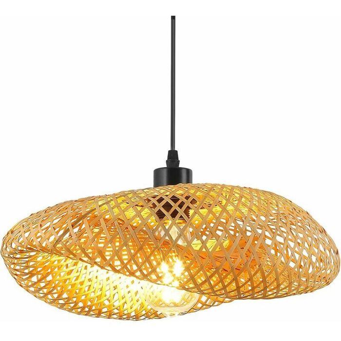 Plafonnier rotin tressé - Diamètre 40 cm - Hauteur 25 cm - Câble réglable 120 cm - Douille E27