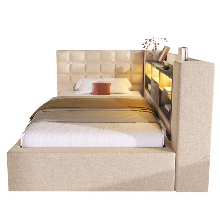Lit coffre 90x190 LED tête L avec rangements sommier à lattes effet lin beige montage réversible sans matelas