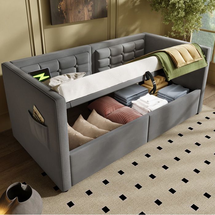 Sommier coffre 1 place 90x190 cm - lit canapé en velours gris avec USB Type-C et lattes en bois