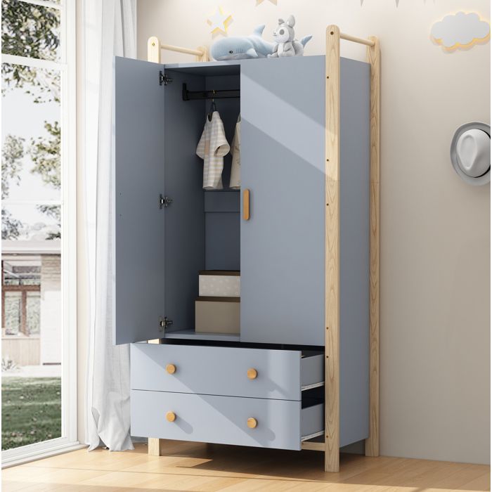 Armoire 2 portes avec penderie 2 tiroirs structure bleu et pin 896 x 44 x 1805 cm