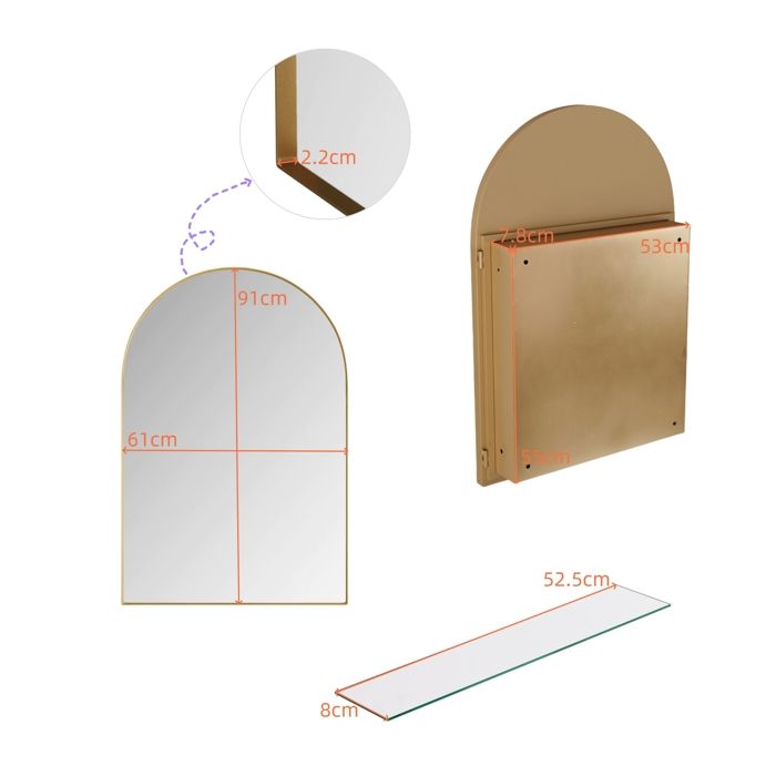 Armoire à pharmacie miroir arquée en métal doré 2 étagères en verre réglables pose murale ou encastrée