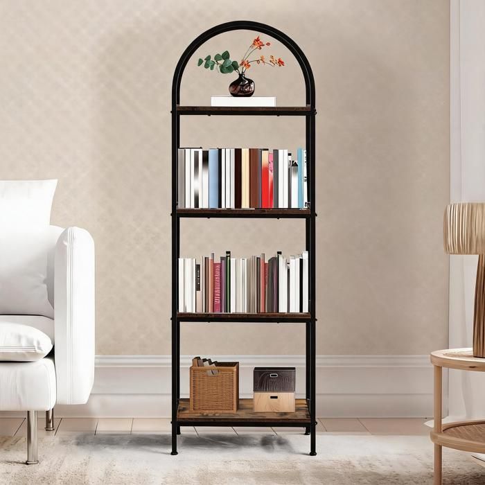 Garvee Étagère Bibliothèque à 4 Niveaux Meuble de Rangement Grand Design Gain de Place - 183x60x30cm - Noir et Marron