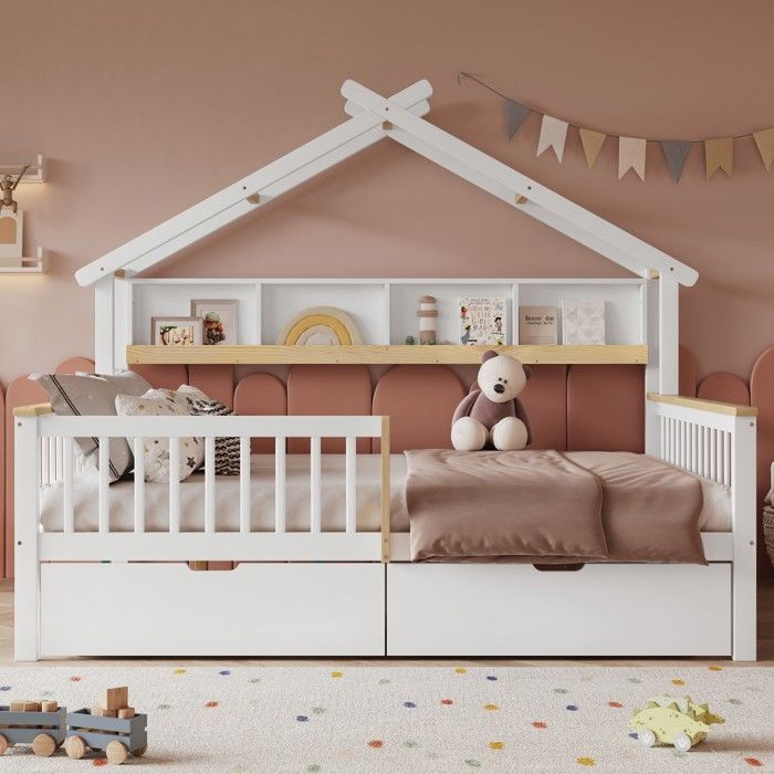 Lit double enfant 140x200cm pin MDF blanc naturel toit design barrière sécurité étagère 2m tiroirs à roulettes sans matelas Lit double enfant 140x200cm pin MDF blanc naturel toit design barrière sécurité étagère 2m tiroirs à roulettes sans matelas