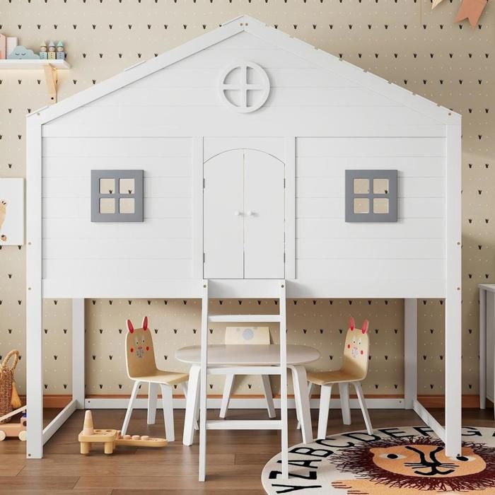 Lit - KOMHTOM - Lit cabane enfant - 90x200 cm - Escalier et barrières de sécurité - Pin/MDF blanc