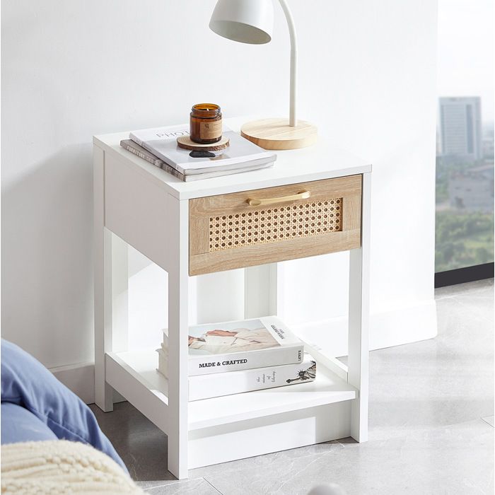 Table de Chevet 1 Tiroir et 1 Étagère Ouverte Effet Rotin - MEUNIQ - MDF Blanc et Naturel pour Chambre 40×40×55 cm