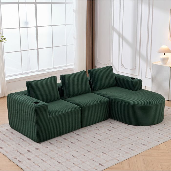 ROVRYN Canapé compressé dangle 265 cm avec méridienne droite 3 coussins 2 porte-gobelets vert rétro