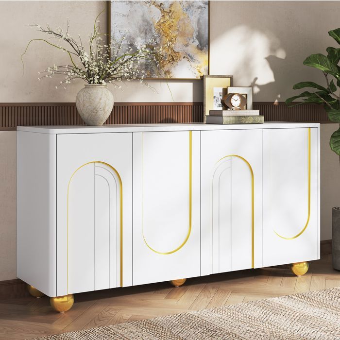 Buffet bas 4 portes SENVIRO 140 x 40 x 74 cm blanc décor arc doré pieds boules en métal MDF et panneaux de particules