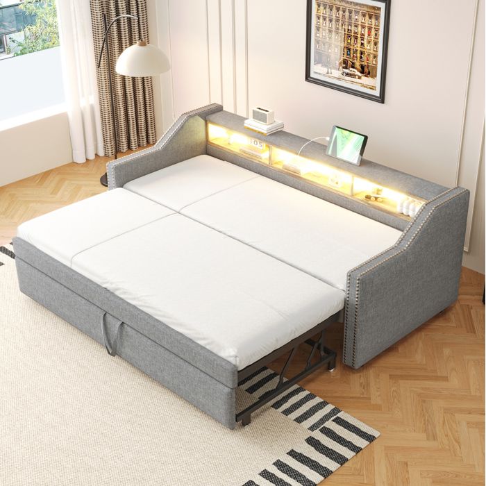 VUENOR Lit gigogne extensible 90x190/180x190 cm gris clair LED USB sans matelas