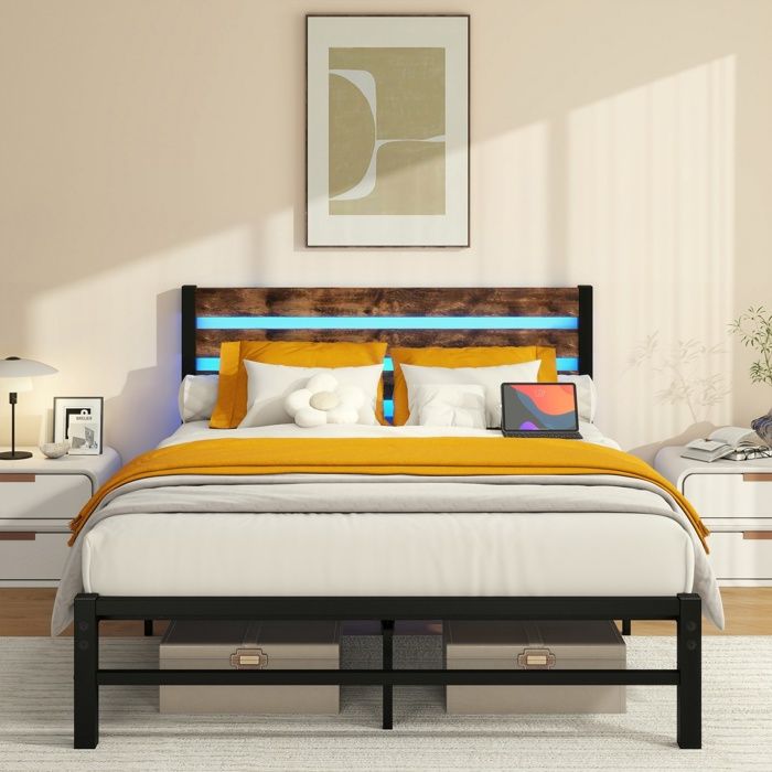 Luscriate - Lit métal vintage 140x200cm LED RGB USB/chargeur 158kg rangement 27cm silencieux marron