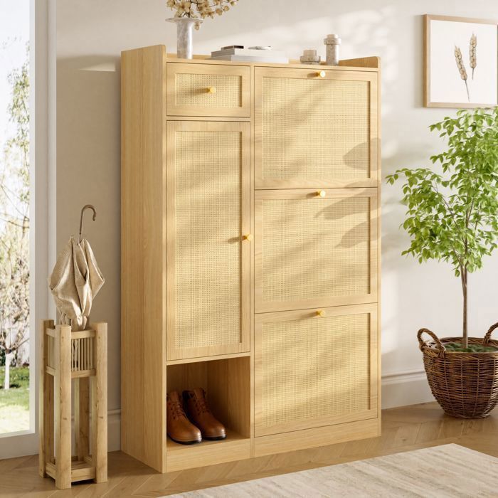 Meuble à Chaussures 3 Abattants Effet Rotin 1 Tiroir 1 Porte 80 5 × 25 × 125 cm Naturel Meuble à Chaussures 3 Abattants Effet Rotin 1 Tiroir 1 Porte 80 5 × 25 × 125 cm Naturel