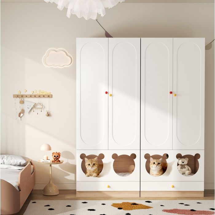 Armoire enfant combinée 2 pièces AESVAR barre de penderie espace animal blanc et bois naturel 160 x 50 x 200 cm