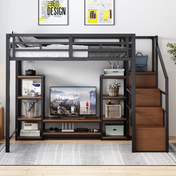 Lit Mezzanine 140x200 avec meuble TV Prise de courant et échelle rangement sécurisée lit surélevé Adulte/Enfant Noir sans Matelas