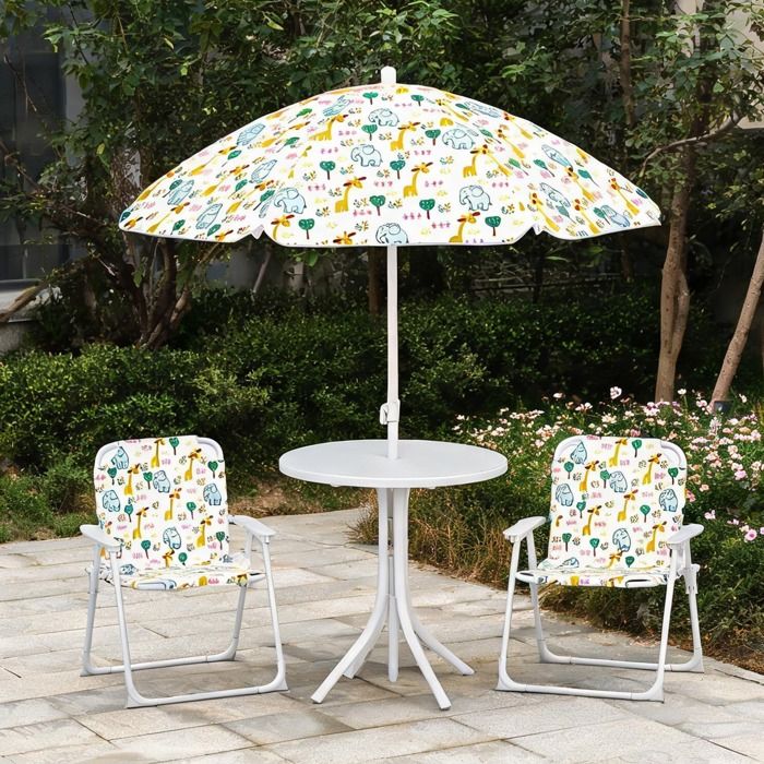 Salon de jardin enfant 4 pièces avec parasol Ø 100 cm motif animalier polyester et acier