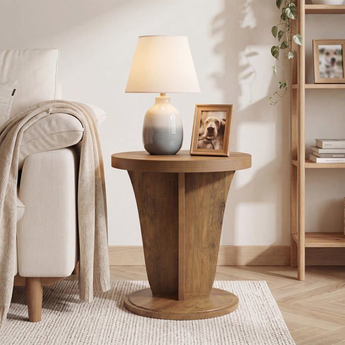 Table dAppoint Ronde de 50 cm Bout de canapé Style Rustique avec Pied Central Table de Chevet en MDF Aect Bois TABLE DAPPOINT