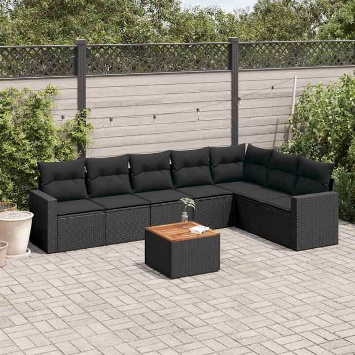 Salon de jardin - MAISON EXCLUSIVE - 8 pièces - Résine tressée noire - Coussins déhoussables - Table acacia