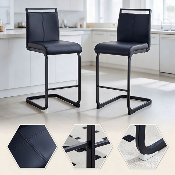 Lot de 2 Tabouret de bar 39x46.5x96.5cm - Chaise haute avec repose-pieds - Style nordique - PU étanche et métal noir - Noir
