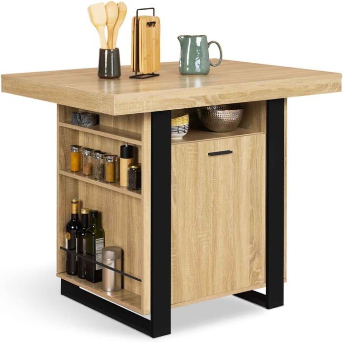IDMarket Îlot central PHOENIX 110x80x90 cm bois et noir avec rangements et plan de travail IDMarket Îlot central PHOENIX 110x80x90 cm bois et noir avec rangements et plan de travail