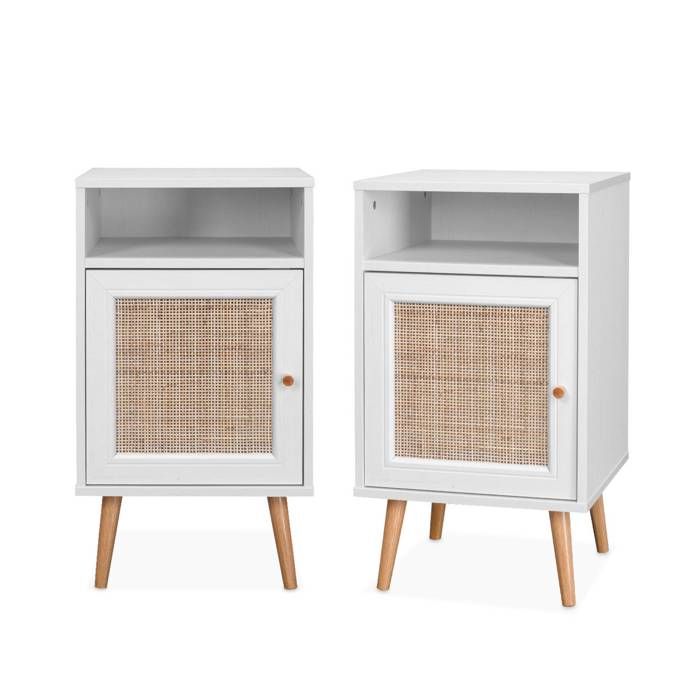 Lot de 2 tables de chevet en cannage - Bohème - 40x39x65.8cm Blanc - 2 niveaux - 1 portes - 1 espace de rangement - pieds