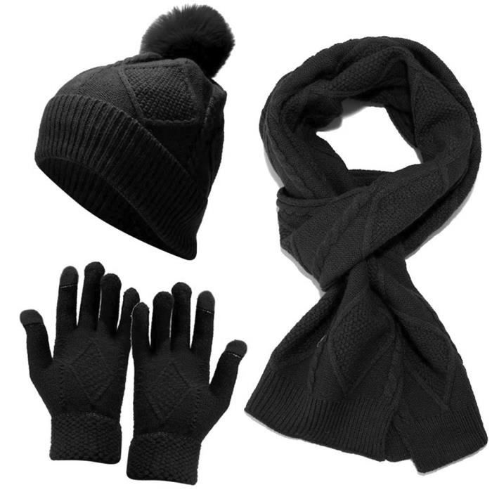 3pcs Ensemble Bonnet écharpe gants femmes hommes chaud en tricot