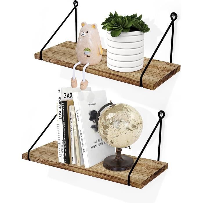 2 étagères Murales Bois Style Bohème - Double Niveau, Pin Naturel, Pour Chambre, Salon, Cuisine - 5