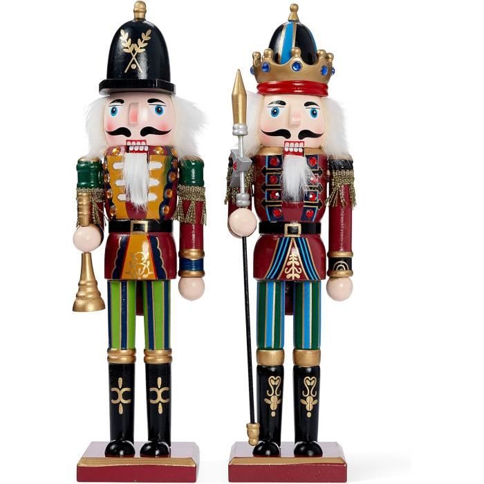 2 Grand Soldat Casse-Noisette de Noël en Bois avec Support, 30cm, Figurine Traditionnels, Décoration de Noël