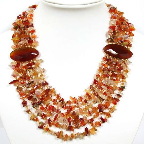 Collier Vintage En Perles De Cornaline - Pierre Naturelle Rouge Orangé - Occasion